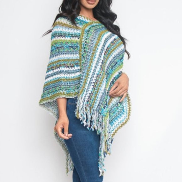 BLUE  MULTI COLOR PONCHO SWEATER - Picture 3 of 3